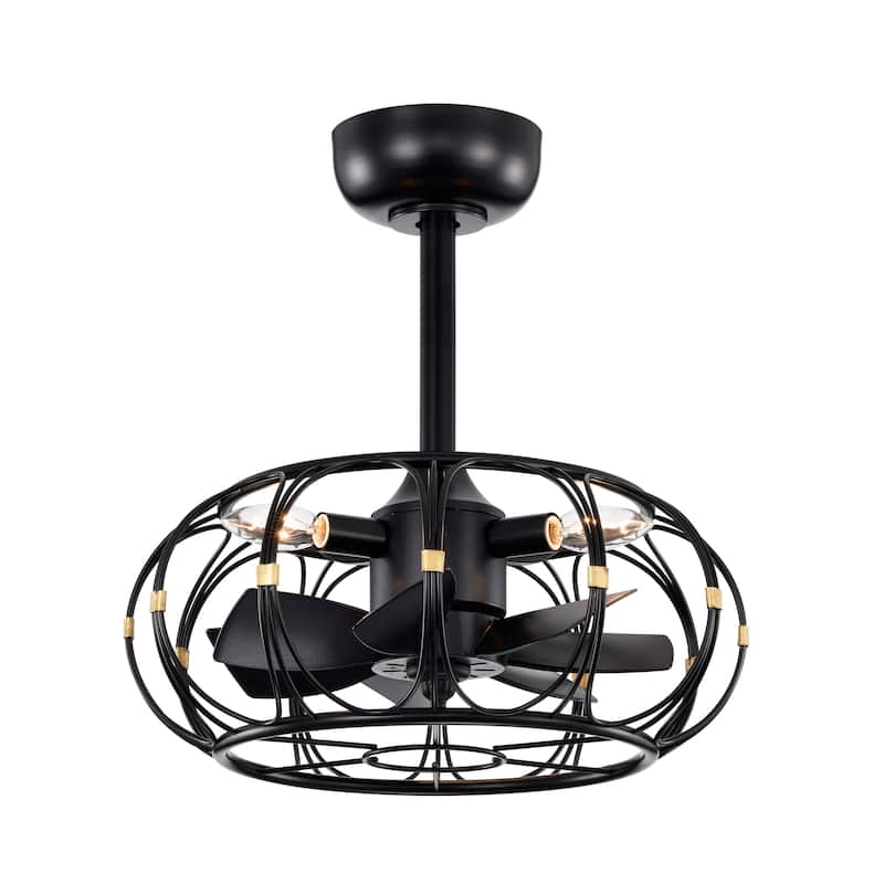 Eoin Black with Gold Accents Caged Lighted Ceiling Fan Fandelier 7-Blade Remote Control - Black-Gold