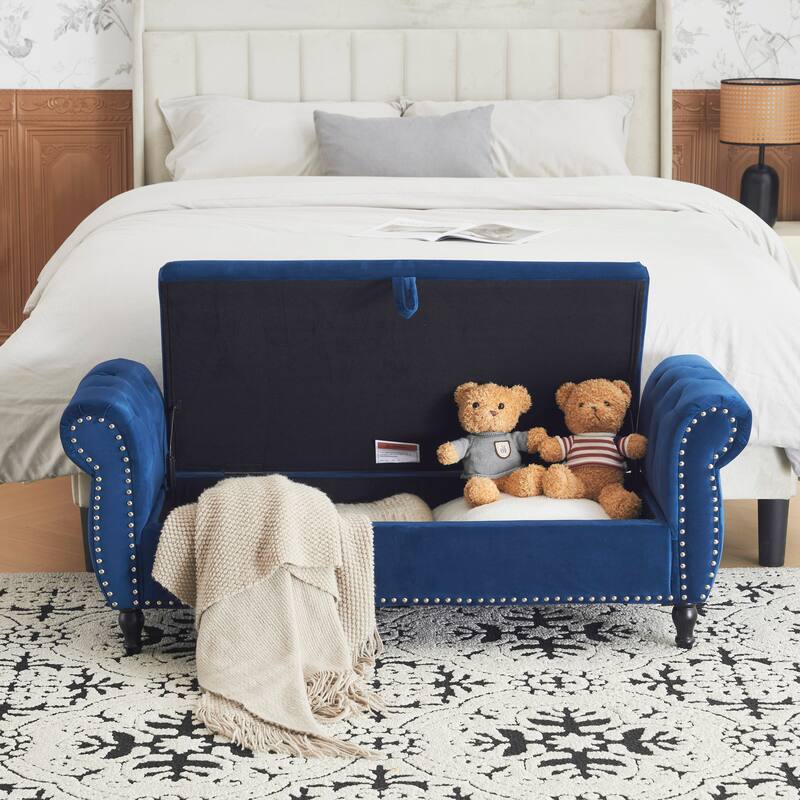 Luxury Ottoman Decorative Bench Storage Bench End of Bed Bench - Antique Navy Blue