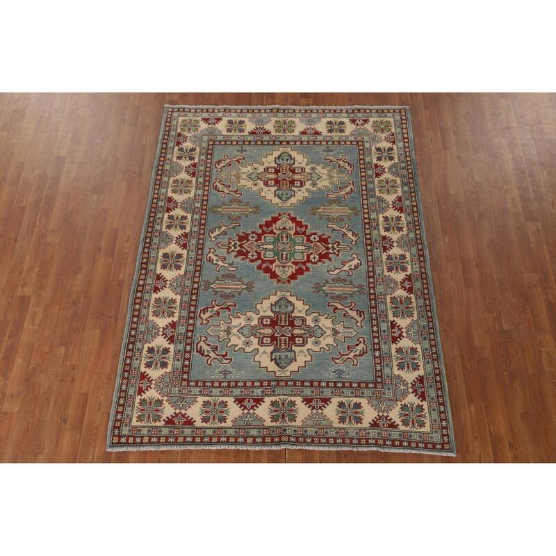 Light Blue Kazak Area Rug Hand-Knotted Wool Carpet - 5'6" x 7'4"