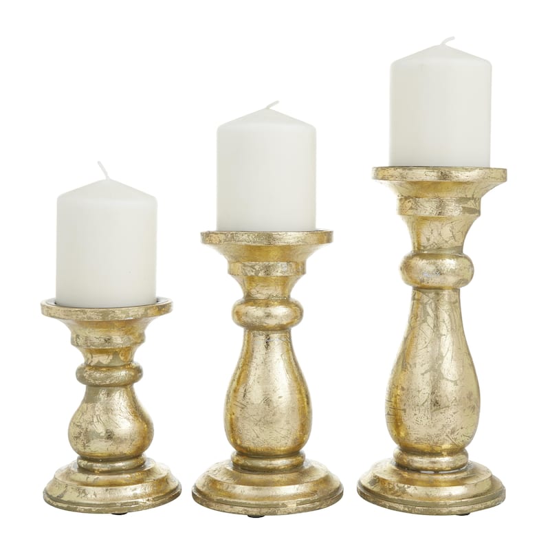 Mango Wood Turned Style Pillar Decorative Candle Holder - Set of 3 Gold, White, Black - Roche River Decor
