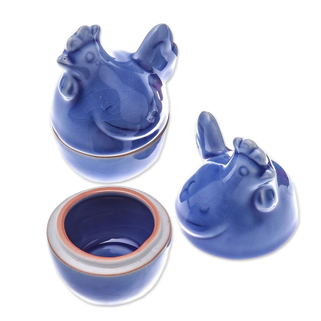 Handmade Hen Breakfast Ceramic Egg Cups (Pair) Thailand - 4.1" H x 3" W x 2.6" D