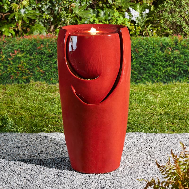 Glitzhome Oversized LED Lighted Ceramic Pot Floor Fountains for Outdoor Garden - Red - 30"H