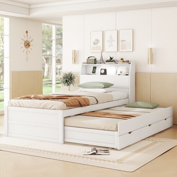 Twin Size White Wooden Bed with Pull Out Trundle and Side bed Drawers Flip Top Shelves Headboard Concealed Built in Night Light