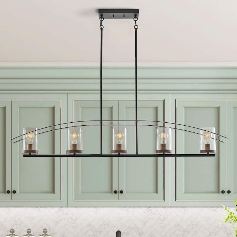 Farmhouse Black 5-Light Glass Kitchen Island Chandelier with Linear Design