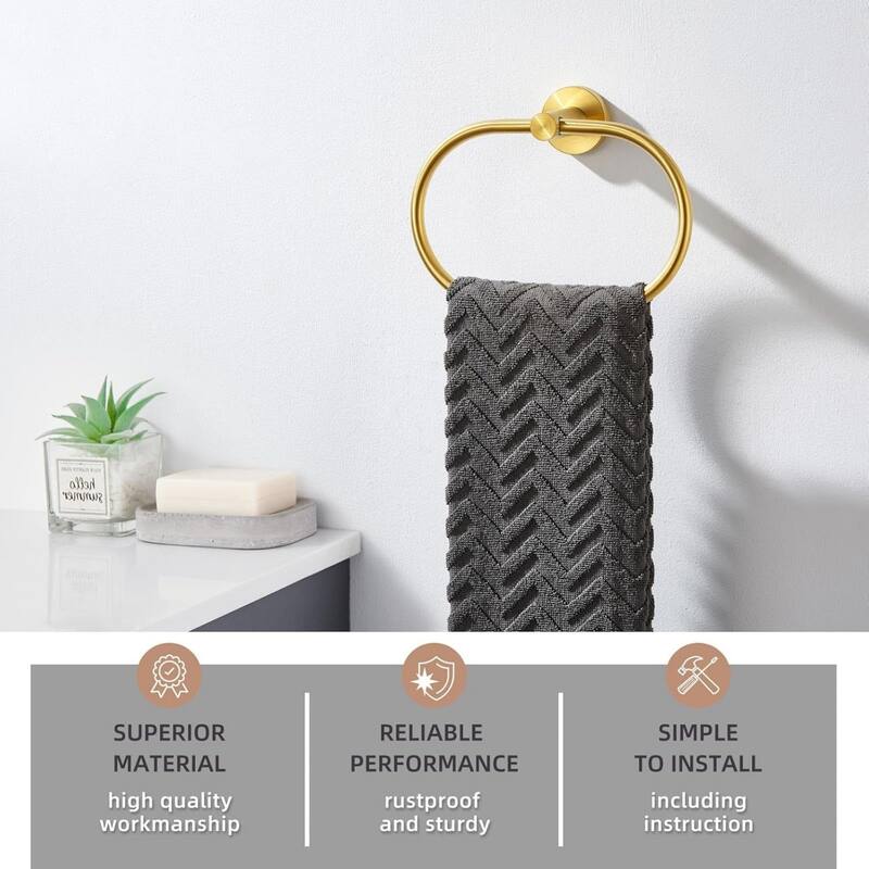 (Brushed Gold) Angle Simple Towel Ring, 304 Stainless Steel Bathroom Rotating Towel Rack