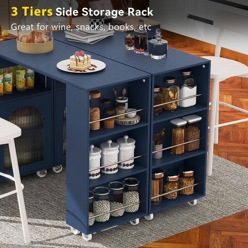 Kitchen Cart with Movable Extended Table,Kitchen Island on Wheels with Power Outlets,2 Fluted Glass Doors,3 Open Shelves