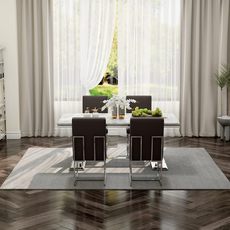 White and Gold Dining Room Table Set with 72 inch Table and White PU Leather Dining Chairs