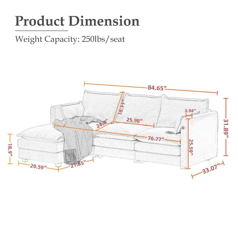 Modular Sectional Sofa L Shaped Couch, 3/4 Seat Sofa Set with Ottoman, Chenille Fabric