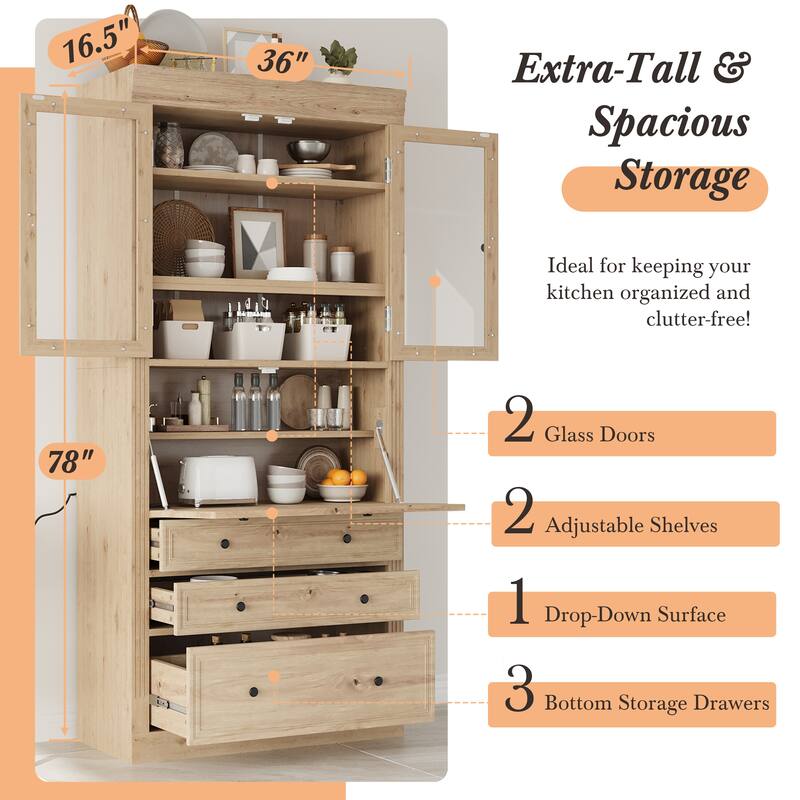 Roomfitters 78 Inch Tall Kitchen Pantry Storage Cabinet with Power Outlet and Drop-Down Surface
