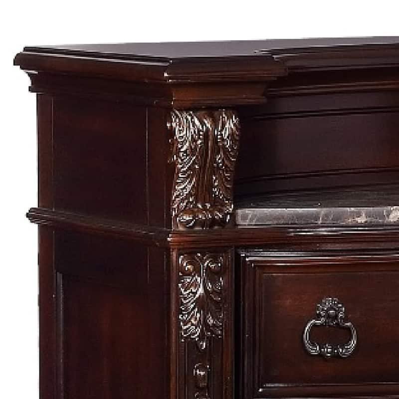 5 Drawers Wooden Chest with Engraved Details and Bun Feet, Cherry Brown