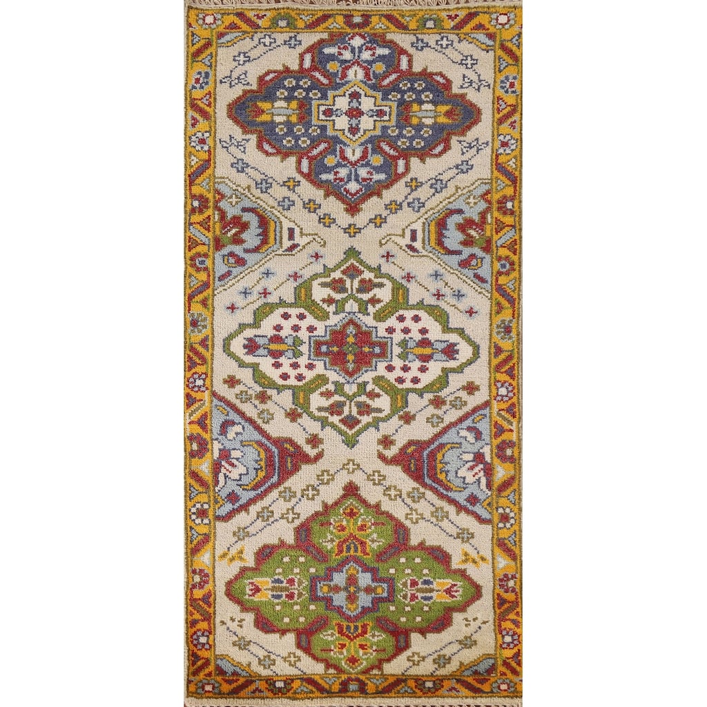 Geometric Beige Kazak Indian Rug Handmade Wool Carpet - 2'7"x 6'0"