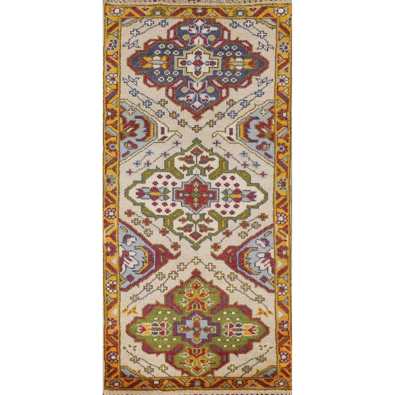 Geometric Beige Kazak Indian Rug Handmade Wool Carpet - 2'7"x 6'0"