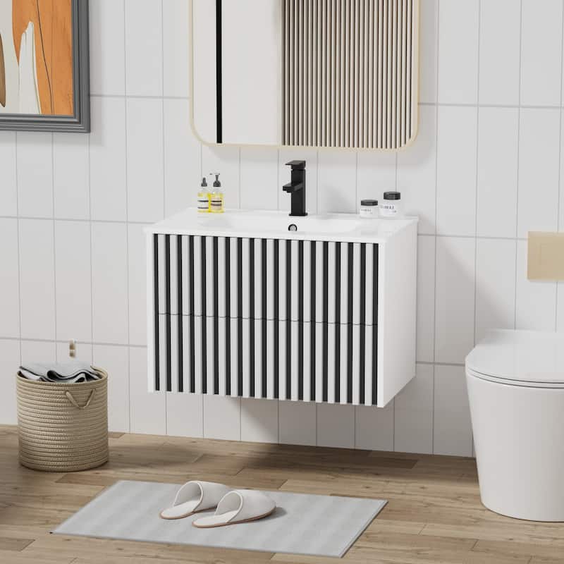Wall Mounted Bathroom Vanity Set Mid-Century Storage Cabinet with Ceramic Sink