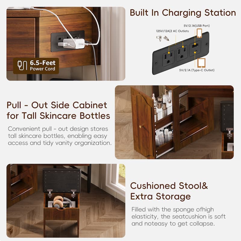 Modern Corner Makeup Vanity Desk with Stool, Charging Ports, Glass Tabletop, Removable Side Cabinet, Drawer & Storage Shelves