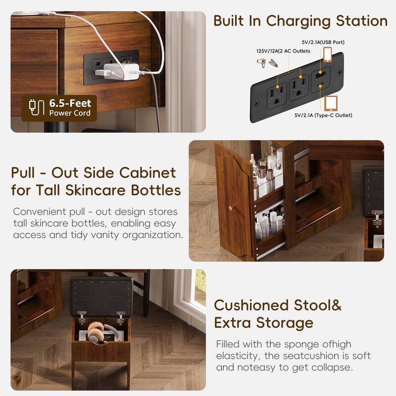 Roomfitters Corner Vanity Desk Set with Stool, Charging Station, Glass Top, Drawer, Shelf, Pull-Out Cabinet