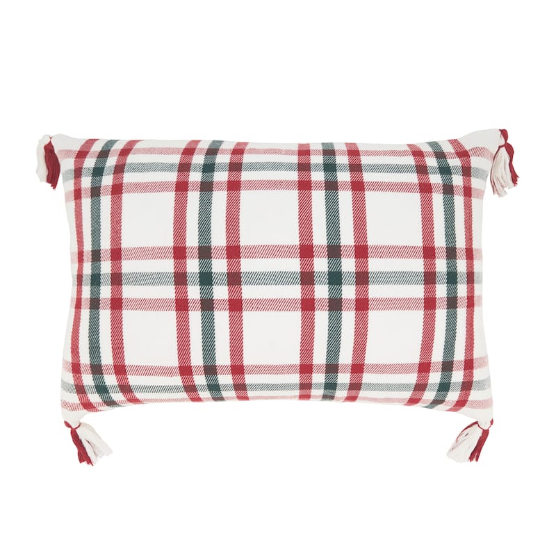 Tasseled Plaid Outdoor Throw Pillow - 16"x24" - Cover Only