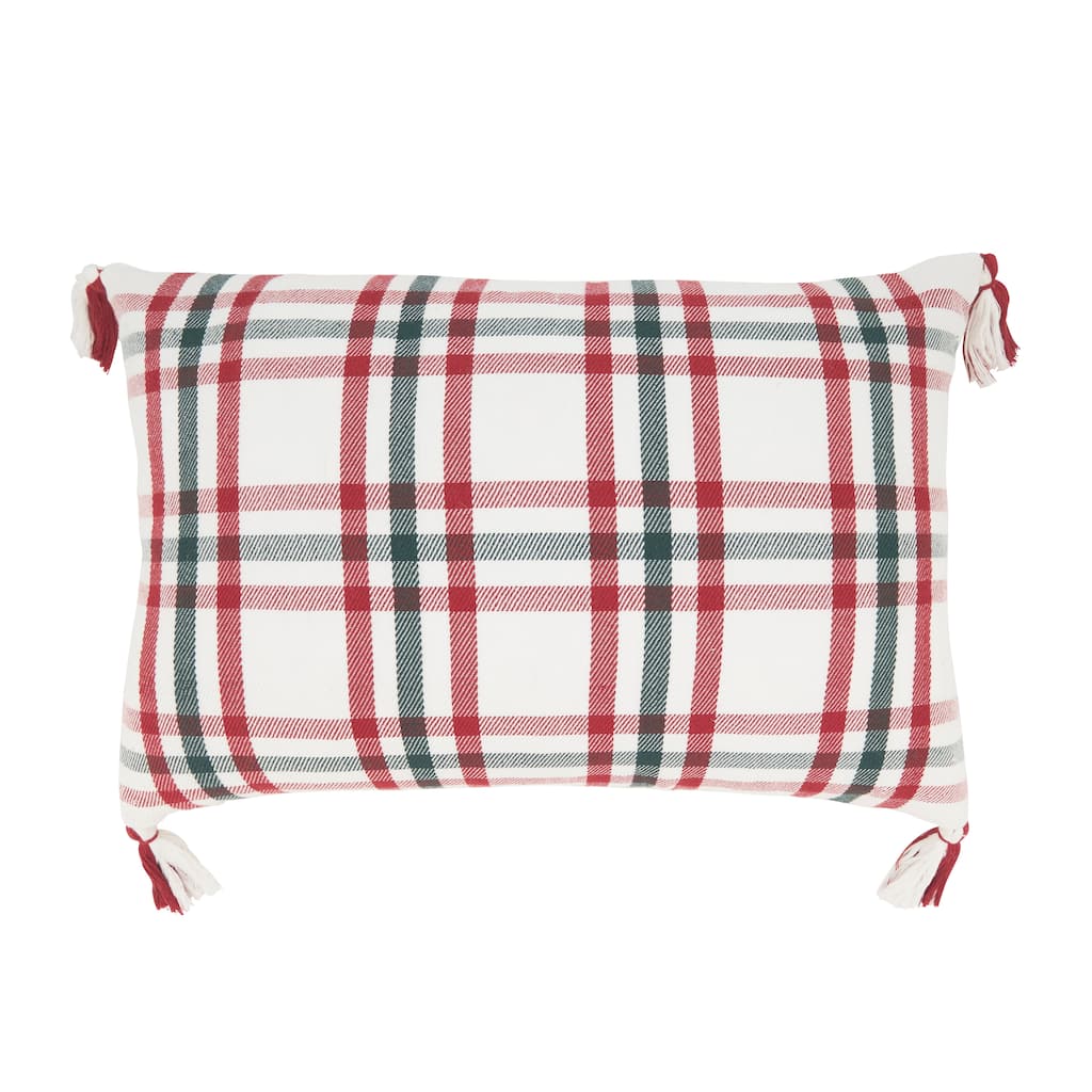 Tasseled Plaid Outdoor Throw Pillow