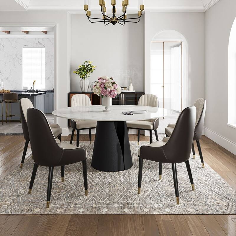 Modern Round White Dining Table，Sintered Stone Tabletop, Solid Black Carbon Steel Base