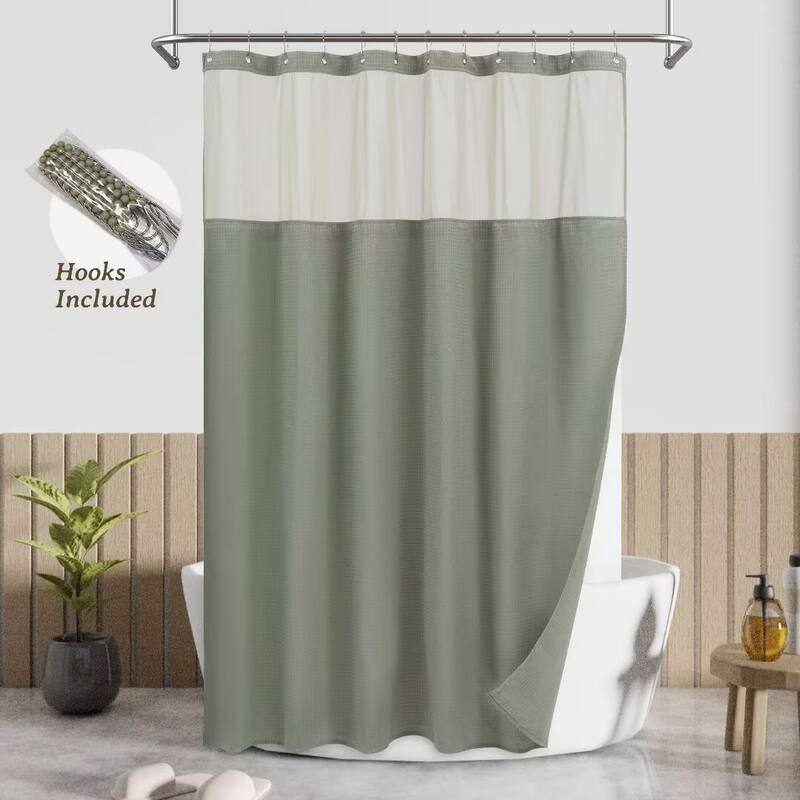 Waffle Weave Shower Curtain with Snap-in Liner 12 Hooks Included - 71"Wx72"L - Sage