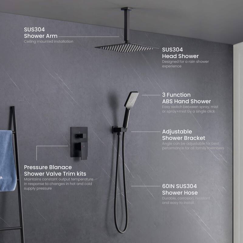 Pressure Balanced Ceiling Mounted 3-Function Shower System with Rough In Valve