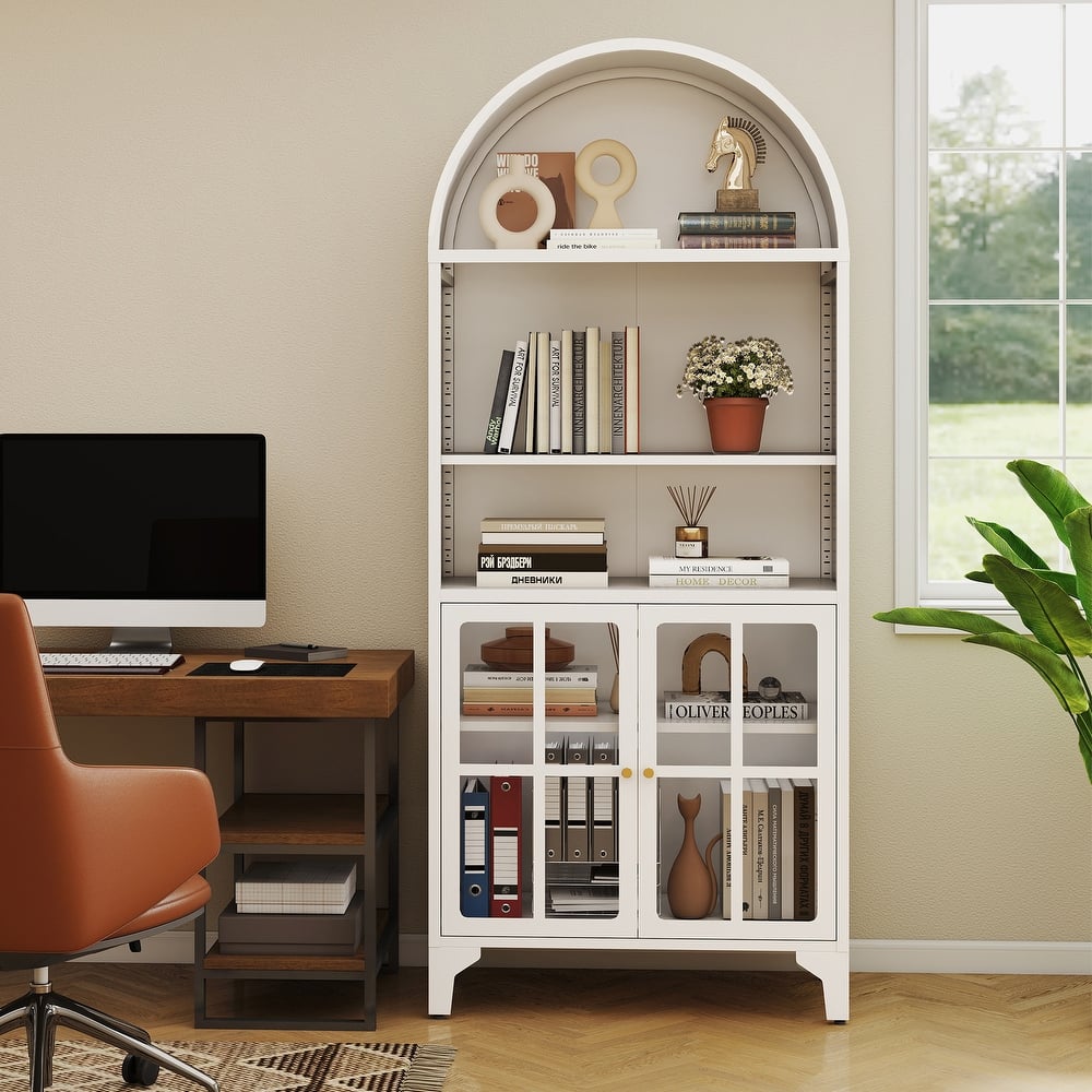 73.6-Inch Arched Metal Storage Display Cabinet with Adjustable Shelves