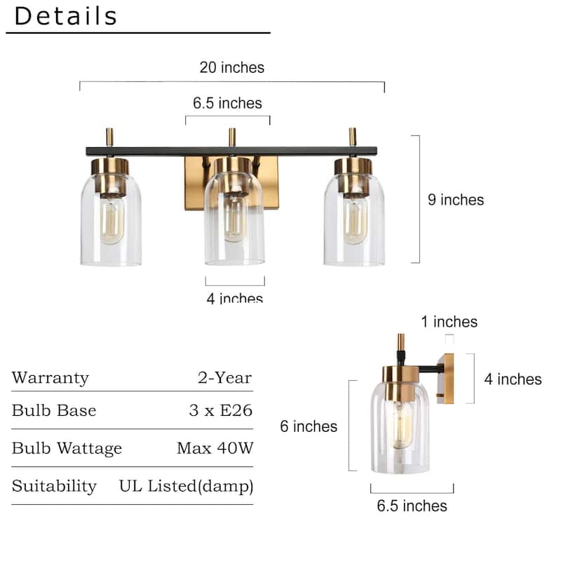 Valina Modern Black Gold 3-Light Bathroom Vanity Light Cylinder Glass Wall Sconces