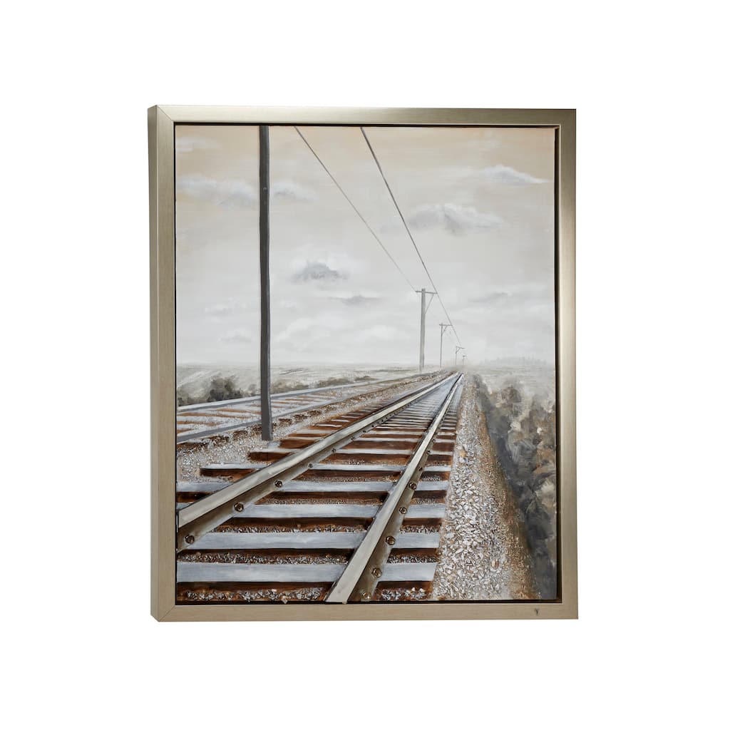 Canvas Landscape Railroad Framed Wall Art with Silver Frame - Gray - Roche River Decor