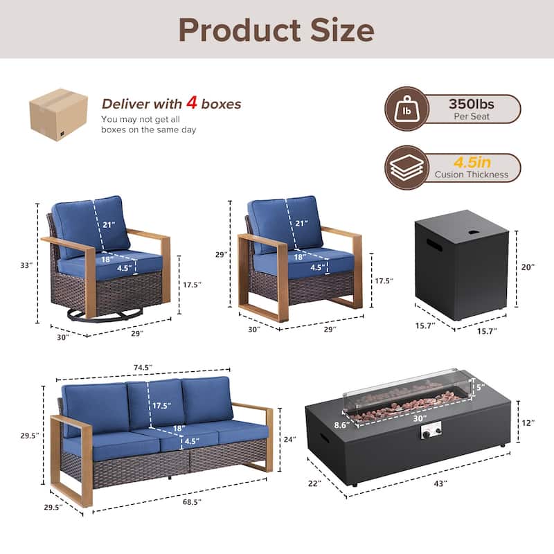 Meyreso Wicker Outdoor Patio Fire Pit Set with Swivel Gliders and 4.5-Inch Olefin Cushions