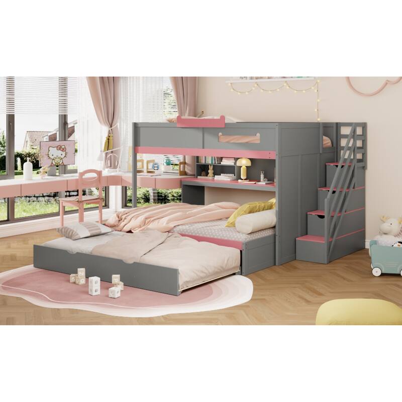 Roomfitters Full Over Full Bunk Bed with Twin Trundle, Storage Staircase & LED Lighting, Functional Space Saving Sleeper