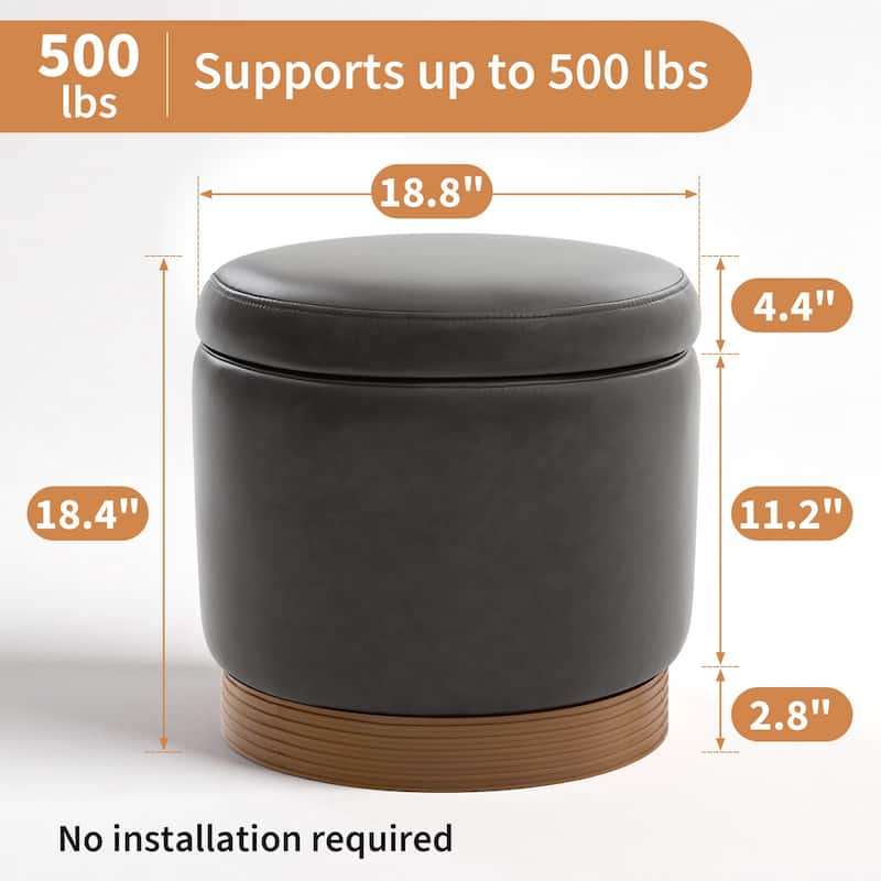 Round Swivel Storage Ottoman Footstool with Flip-top and Acacia Frame