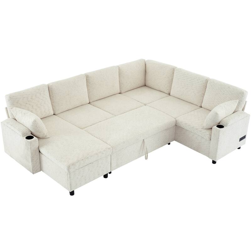 U-Shaped Chenille Sectional Sofa with Storage Chaise Lounge, Convertible Sleeper Sofa Bed with Cup Holders & Charging Ports
