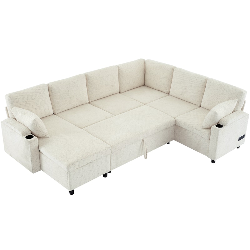 U-shaped Sofa, Chenille Sectional Sofa with 2 Cup Holders and Charging Ports Livingroom Sleeper Recliner Sofa Couch