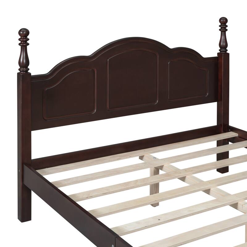 Full Size Retro Wood Platform Bed Frame with Wooden Slat Support in Dark Walnut