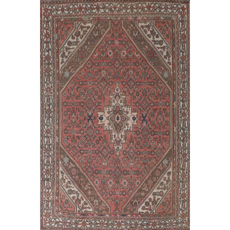 Geometric Pink Hamedan Persian Vintage Rug Hand-Knotted Wool Carpet - 6'7"x 9'7"