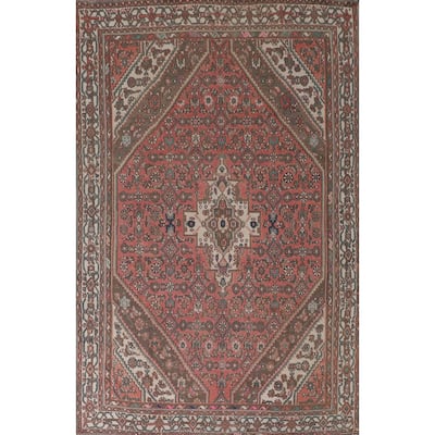 Geometric Pink Hamedan Persian Vintage Rug Hand-Knotted Wool Carpet - 6'7"x 9'7"