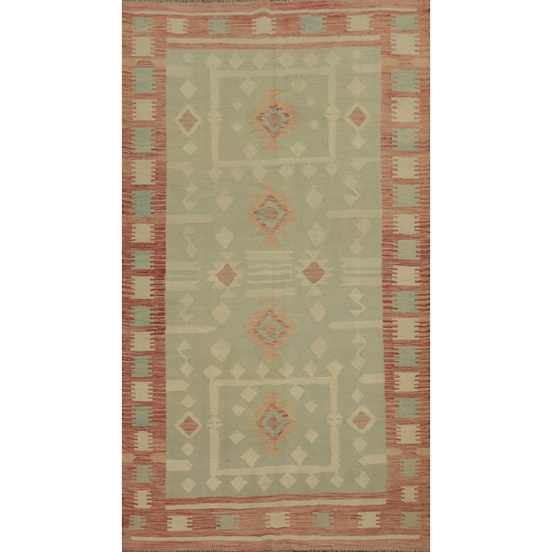 Hand Woven Oriental 100% Wool Carpet Southwestern Tribal Green Kilim Area Rug - 7' 11'' X 4' 8''