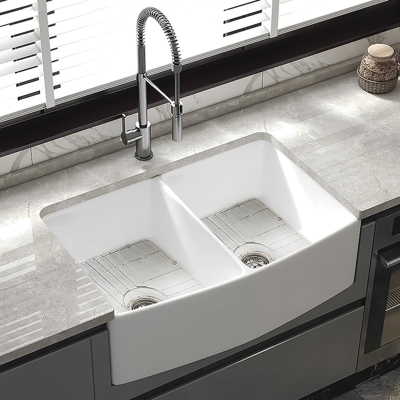 Premium White Fireclay Curved Apron Front Kitchen Sink for Home, Farmhouse (Grid & Strainer Included) - 33" x 20" - Double Bowl