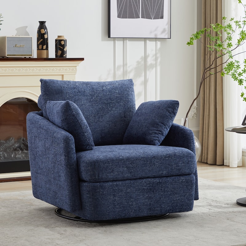 Chenille Upholstered Swivel Accent Chair, Cozy Club Chair with 2 Thorw Pillows, Oversized Lounge Armchair with Metal Base - Orange