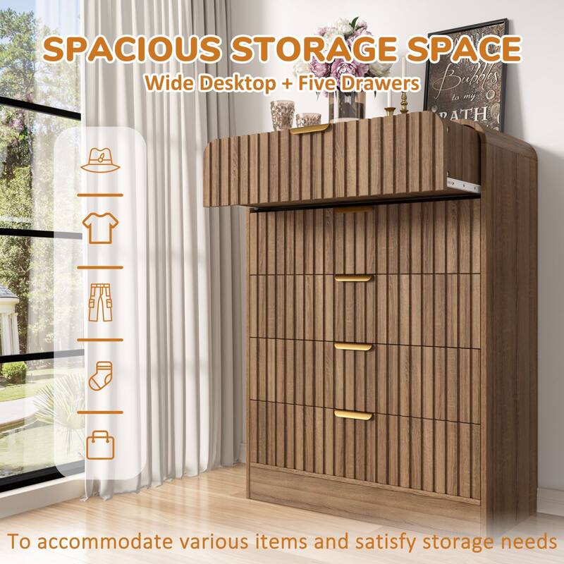 VEIKOUS 5-Drawer Chest of Drawers with Curved Edges & Waveform Fluted Panel Design, Wooden Dresser for Bedroom