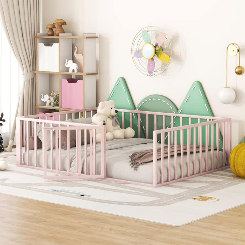 Full Size Metal Floor Bed Frame with Fence and Door for Kids' Bedroom