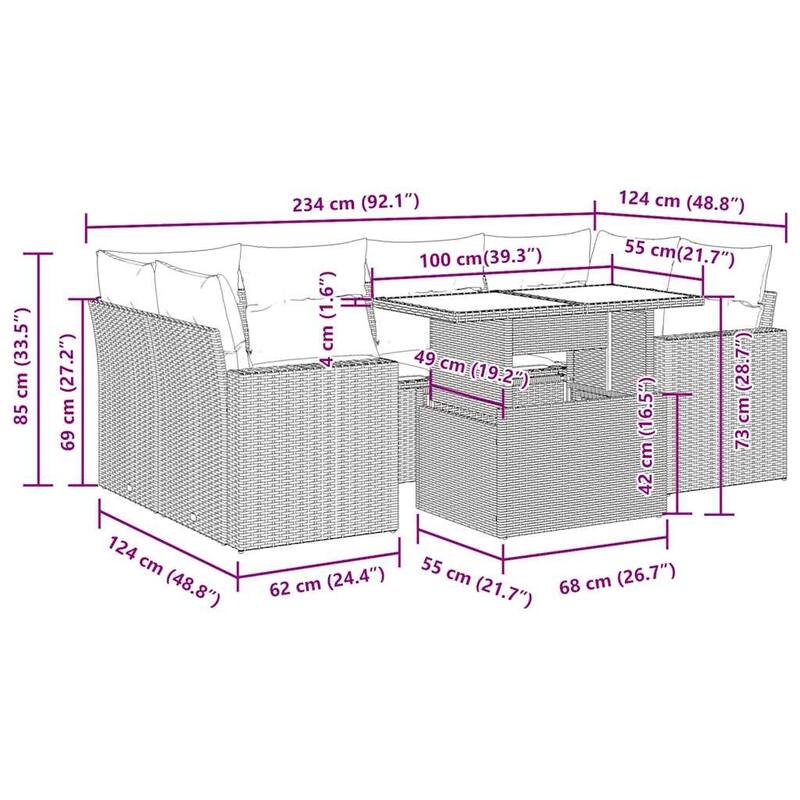 vidaXL Patio Sofa Set with Cushions and Table Outdoor 7 Piece Poly Rattan