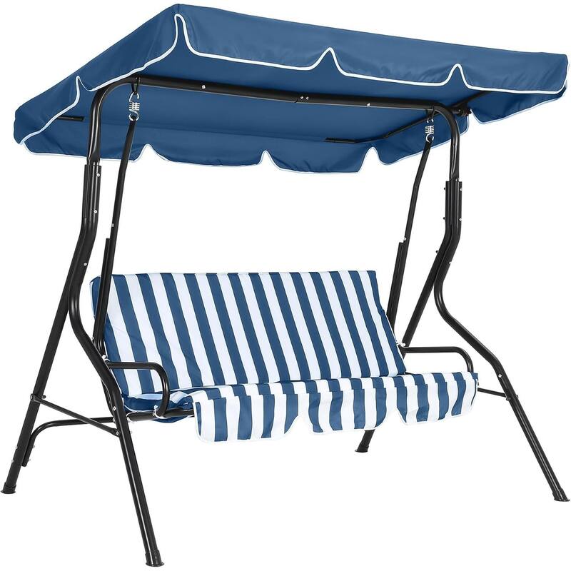 3-Seat Patio Outdoor Porch Swing Chair with Adjustable Canopy for Backyard Lawn Garden - Blue
