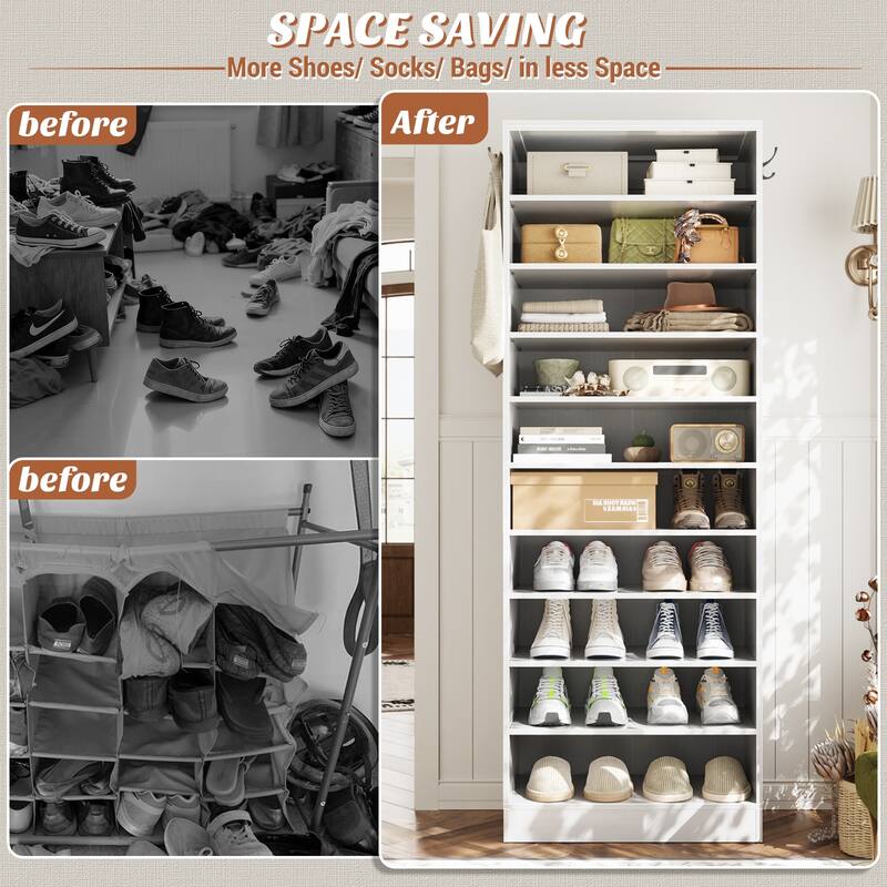 Freestanding 10-Tier Shoe Storage Cabinet,Narrow Wood Shoe Rack Shoe Organizer,Sturdy Closet Organizer Open Display Cabinet