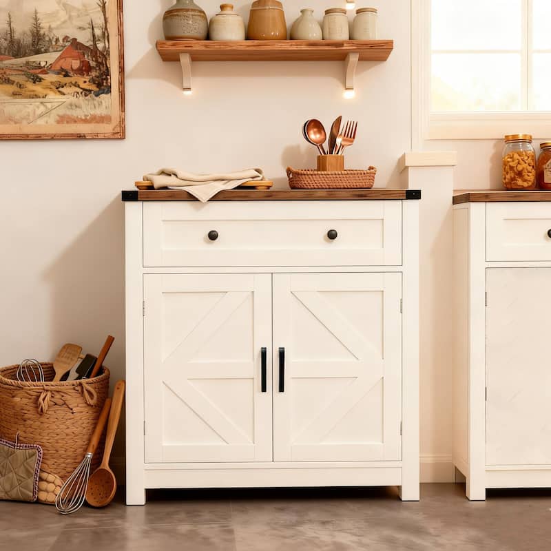 Farmhouse Barn-Door Storage Cabinet, Coffee Bar Buffet Sideboard with Drawer for Kitchen & Living Room