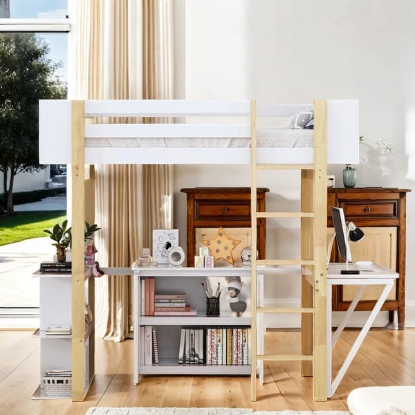 slide 2 of 28, [Stylish Design] Twin Size Wood Loft Bed with Built-In Storage Cabinet and Cubes, Foldable Desk White