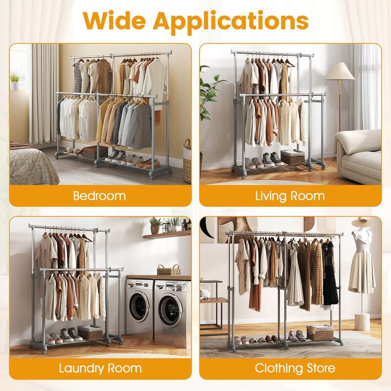 Costway Double Rod Clothes Rack with Extendable Height & Width for - Silver - See Details