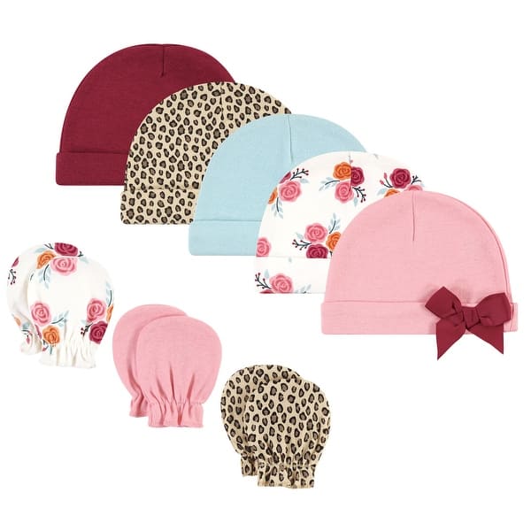 slide 1 of 1, Hudson Baby Infant Girl Cotton Cap and Scratch Mitten Set, Autumn Rose, 0-6 Months - Autumn Rose Autumn Rose - 0-6 Months
