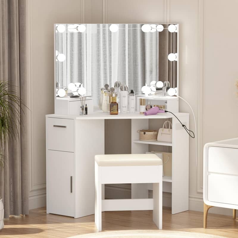 White Corner Vanity Table with LED Mirror, Drawers, Stool, Power Outlet