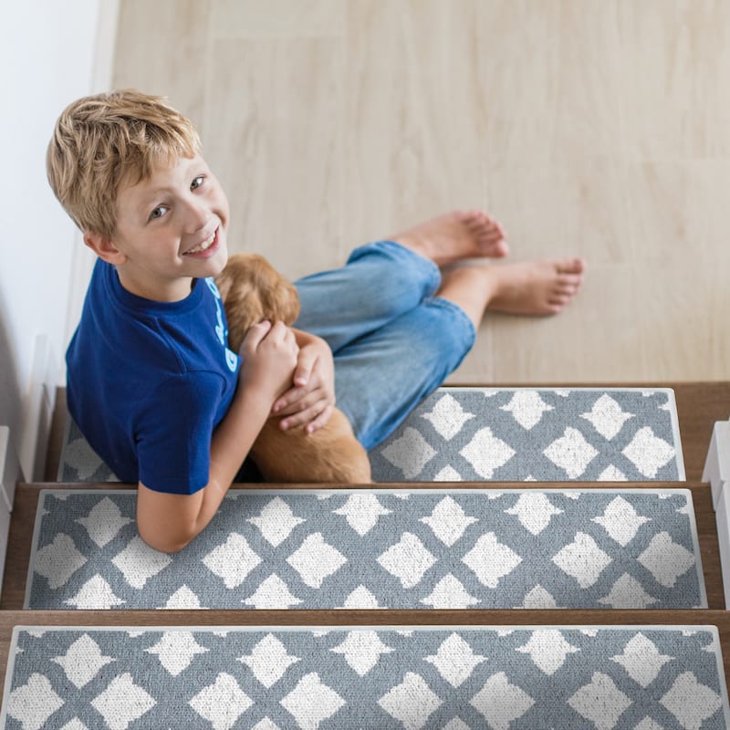 SussexHome Floral Design 9" X 28" Stair Treads - 70% Cotton Anti-Slip Carpet Strips for Indoor Stairs-with Double Adhesive Tape - 7 PACK - Gray