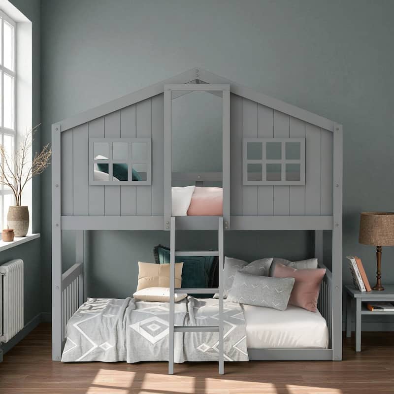Twin Over Twin House Bunk Bed with Roof and Ladder, Solid Wood Frame, Playhouse Style Kids Bed, No Box Spring Needed